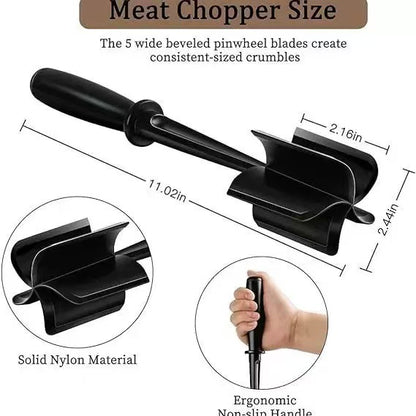Meat chopper with dimensions and material details on a white background