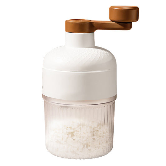 White kitchen grinder with brown top on a white background
