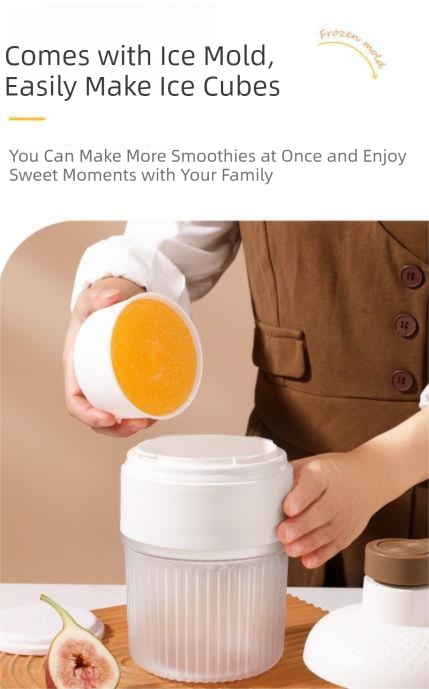 Person using an ice cube maker with text about making ice cubes and enjoying smoothies.