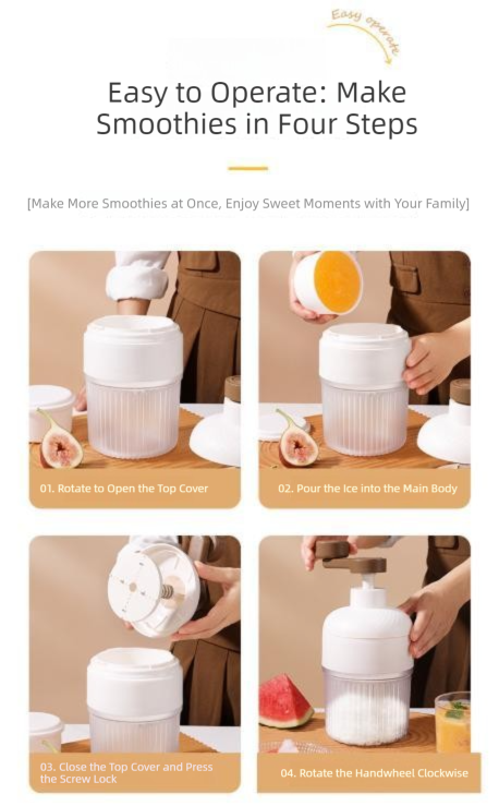 Step-by-step guide on how to use a smoothie maker with text 'Easy to Operate: Make Smoothies in Four Steps'.