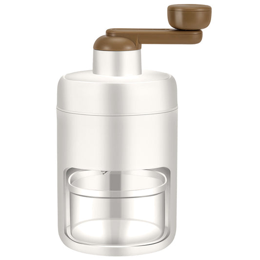 Handheld coffee grinder with a clear container and brown top on a white background