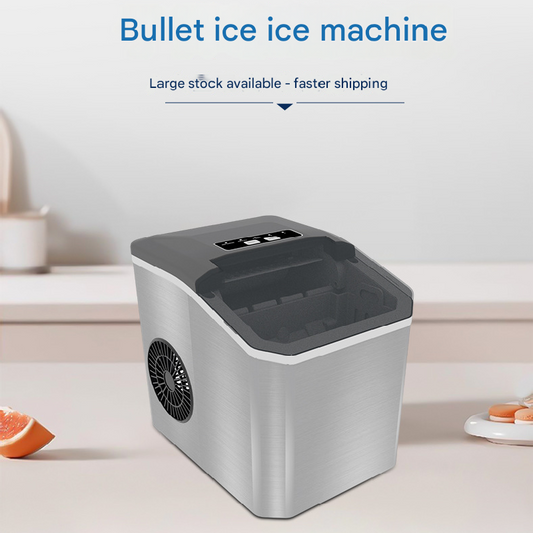 Portable ice machine on a light-colored surface with text indicating availability and shipping speed.