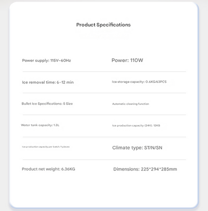 Product specifications table on a white background