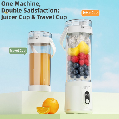 Two portable juicer cups with fruits and juice on a light blue background