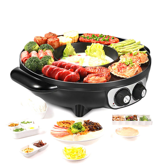 Electric hot pot with various ingredients on a white background
