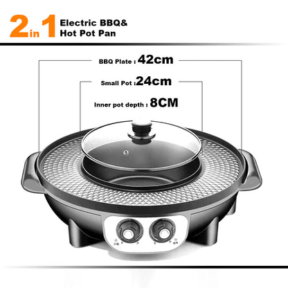 2-in-1 electric BBQ and hot pot pan with dimensions displayed