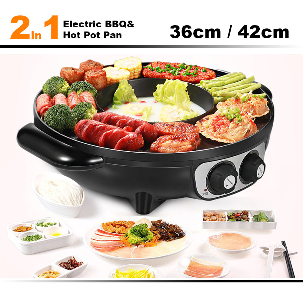 2-in-1 electric BBQ and hot pot pan with food on a white background