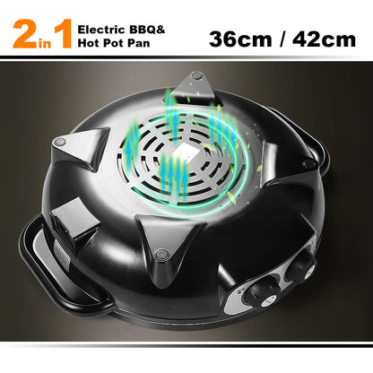 2-in-1 electric BBQ & hot pot pan with size specifications on a dark background