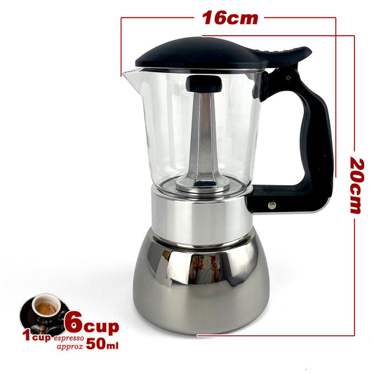 Stainless steel espresso maker with black handle and lid, dimensions shown, on a white background.