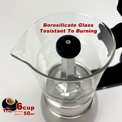 Glass coffee maker with text indicating borosilicate glass and resistance to burning on a white background.