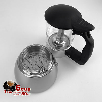 Stainless steel coffee maker with black handle on a white background