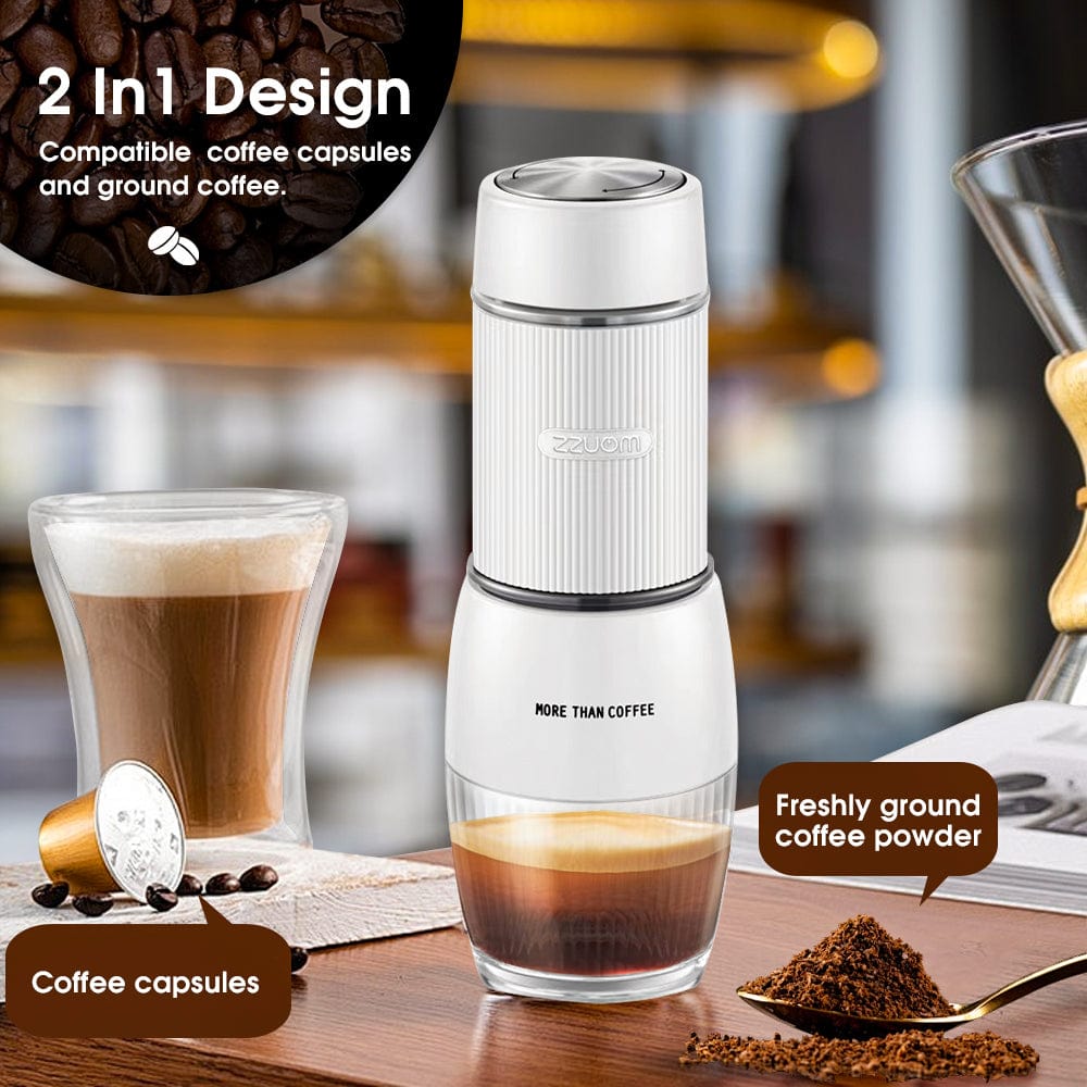 Coffee maker with coffee capsules, ground coffee, and a glass of coffee on a wooden surface.