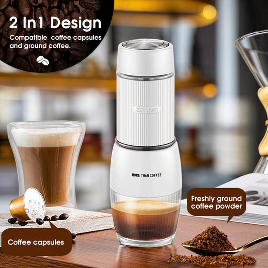 Coffee maker with coffee capsules, ground coffee, and a glass of coffee on a wooden surface.