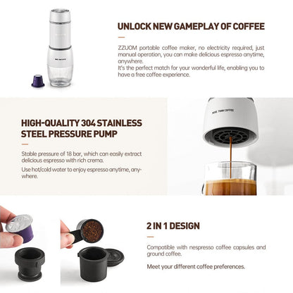 ZZUM portable coffee maker with features highlighted on a white background