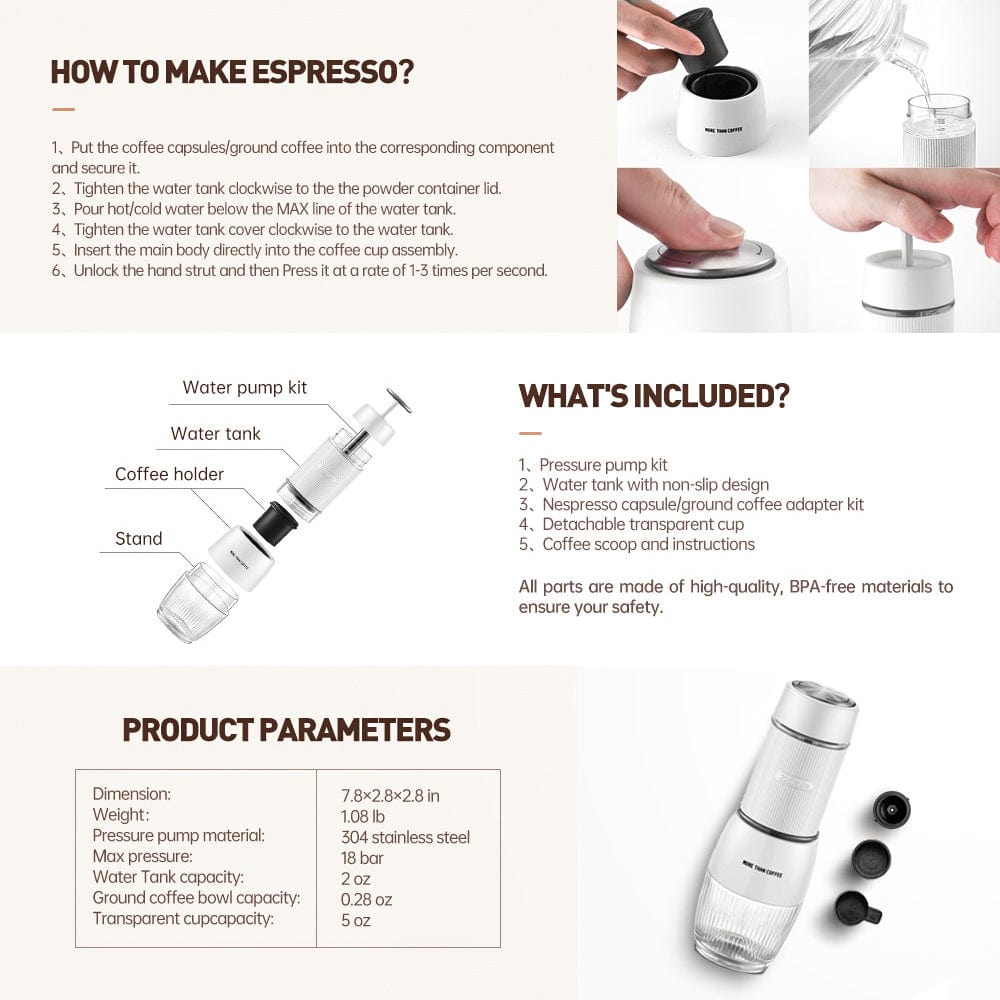 Instructions on how to make espresso using a coffee maker with product details.