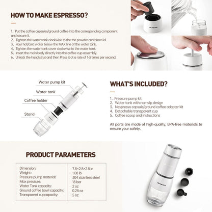 Instructions on how to make espresso using a coffee maker with product details.