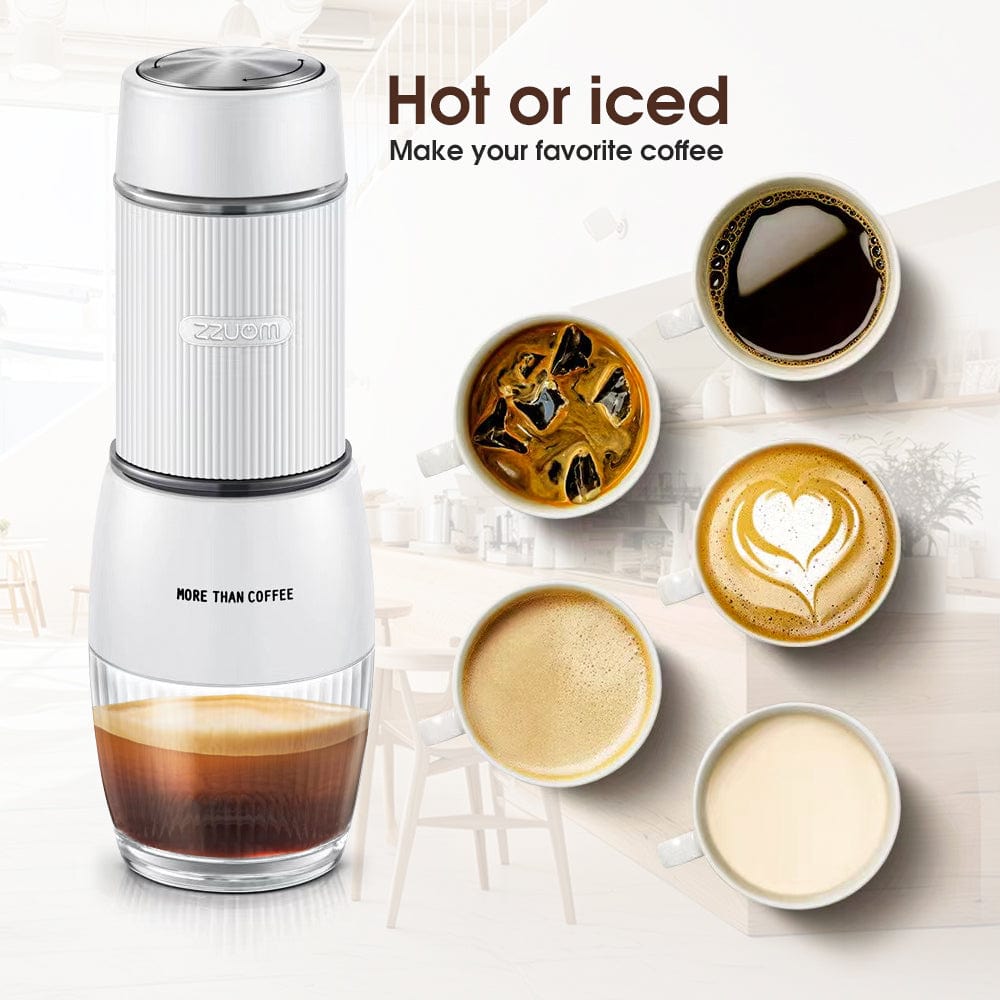 Coffee maker with various coffee beverages on a light background