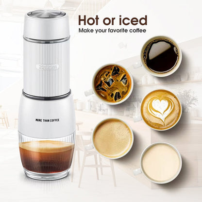 Coffee maker with various coffee beverages on a light background