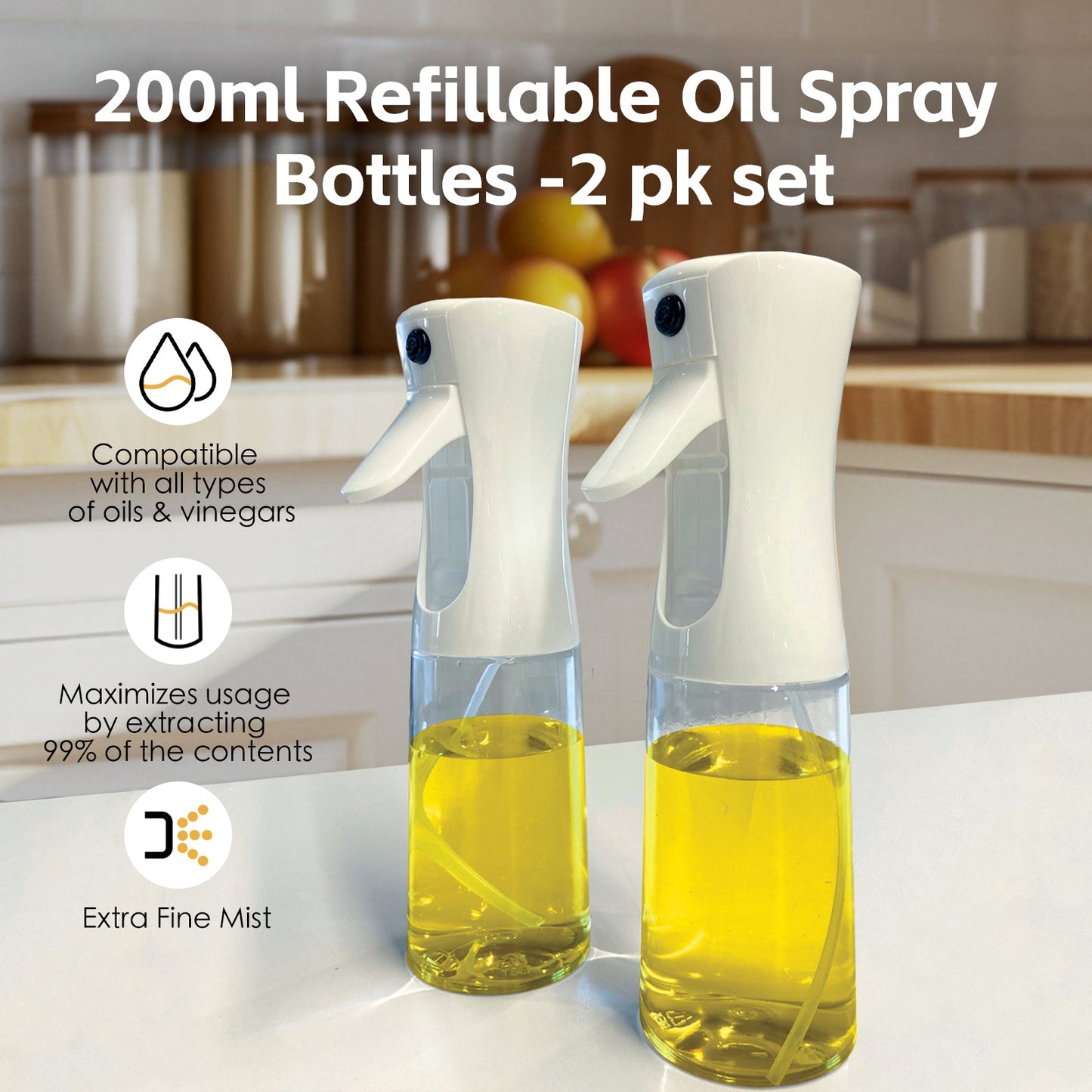 Two 200ml refillable oil spray bottles with a kitchen background