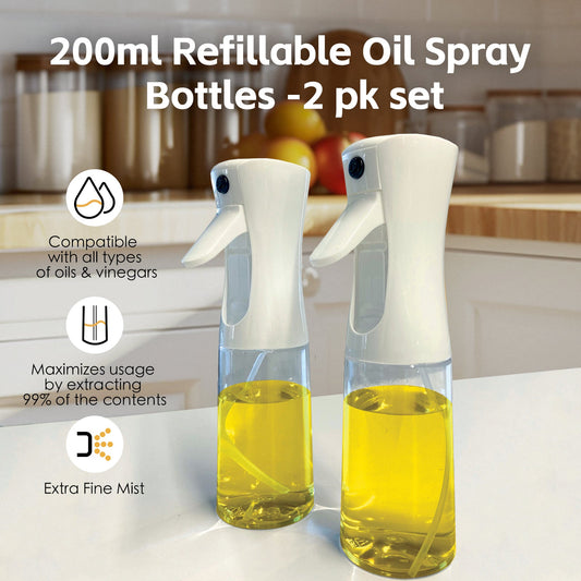 Two 200ml refillable oil spray bottles with a kitchen background