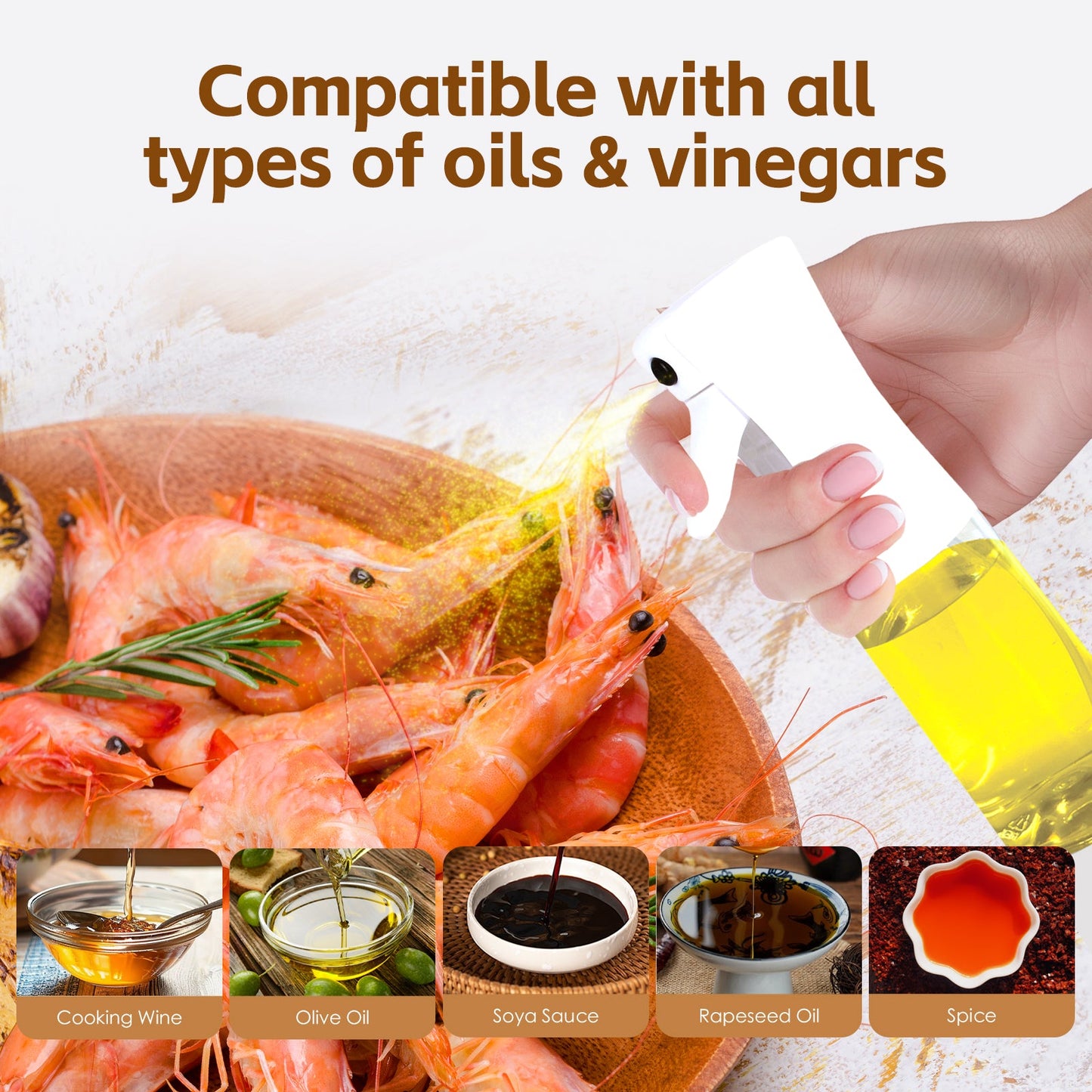 Hand holding a bottle of oil over a plate of shrimp with text about oil compatibility.