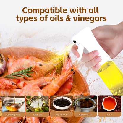 Hand holding a bottle of oil over a plate of shrimp with text about oil compatibility.