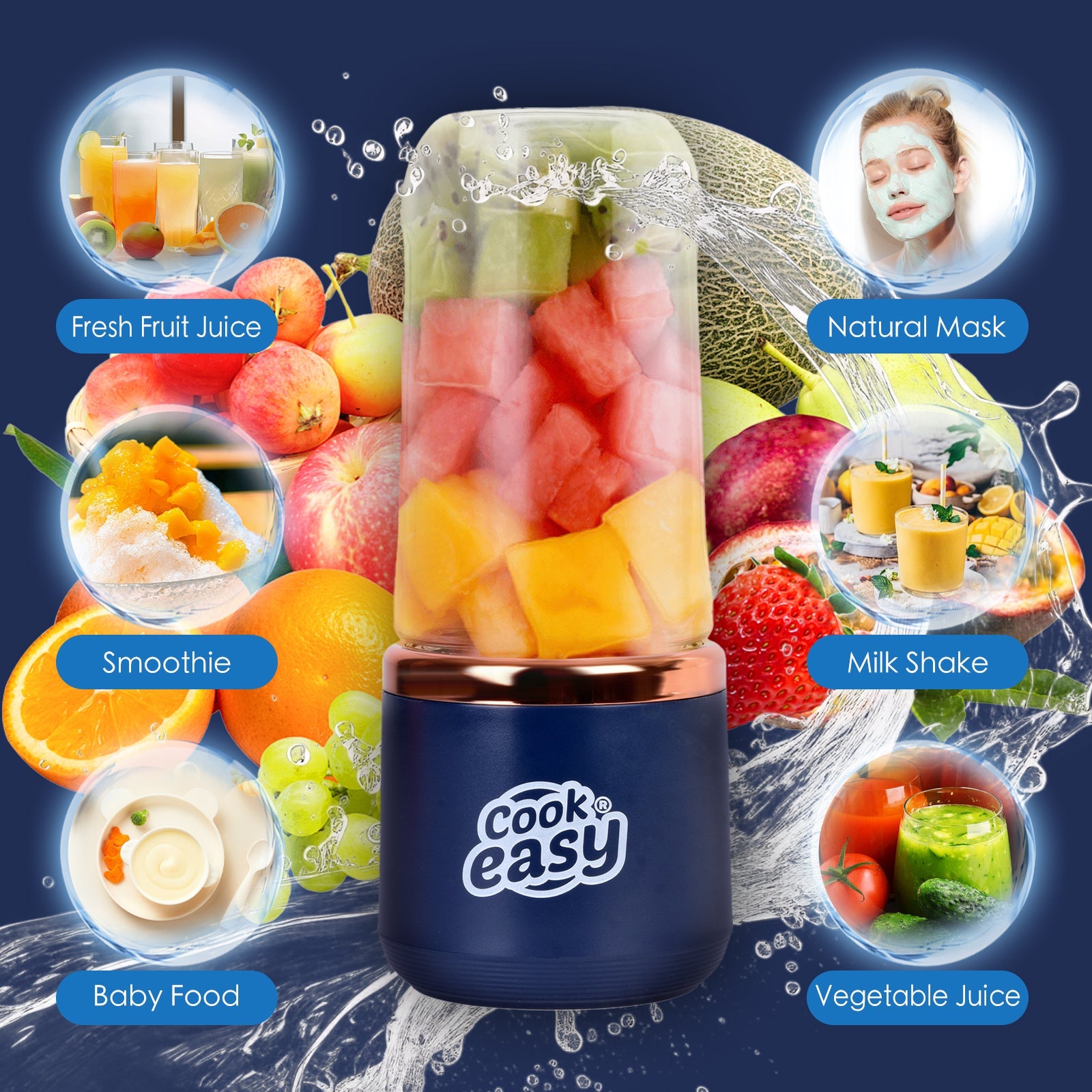 Blue portable blender with images of fruits and drinks around it on a blue background