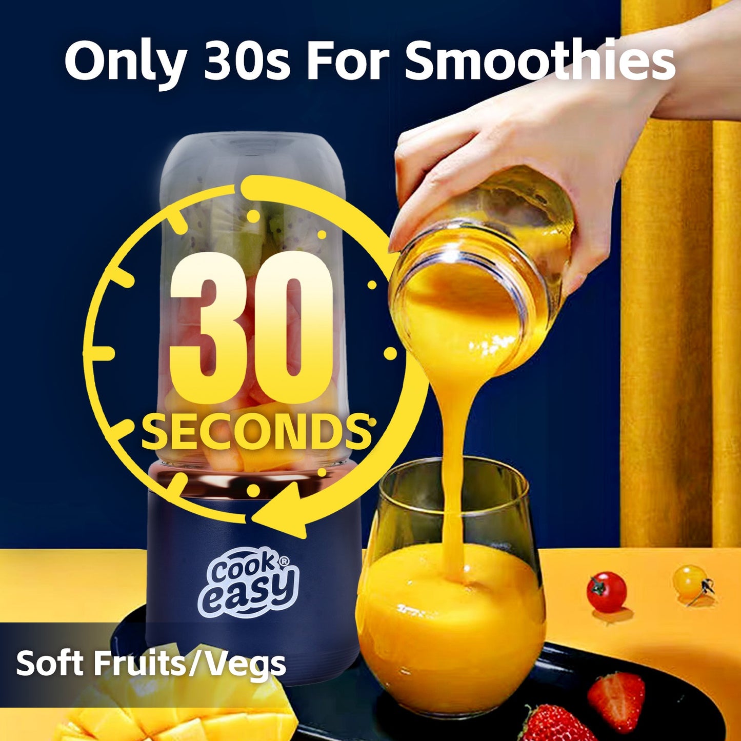 Cook easy smoothie maker with a hand pouring orange juice into a glass, set against a blue and yellow background.