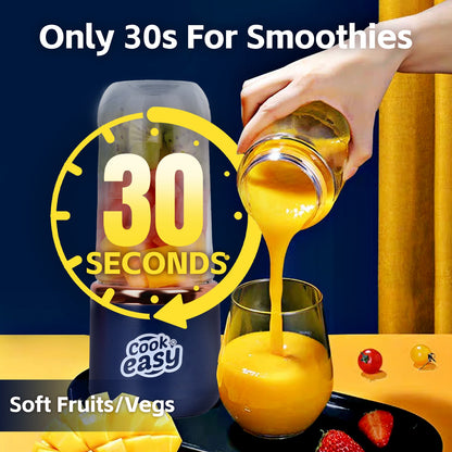 Cook easy smoothie maker with a hand pouring orange juice into a glass, set against a blue and yellow background.