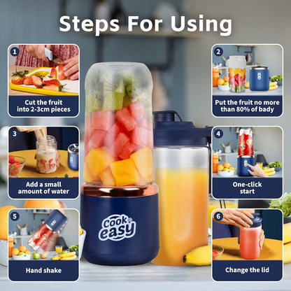 Cook Easy blender with step-by-step instructions on using it to make a smoothie.