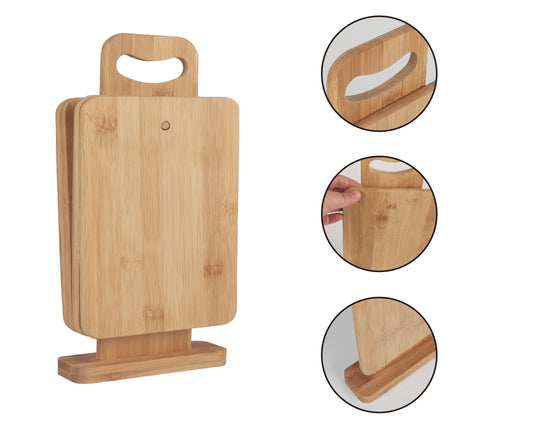 Wooden cutting board with handle and inset images showing its features.