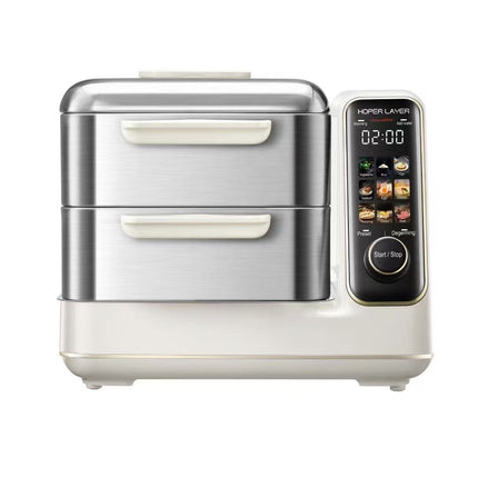 White and silver food dehydrator with digital display on a white background