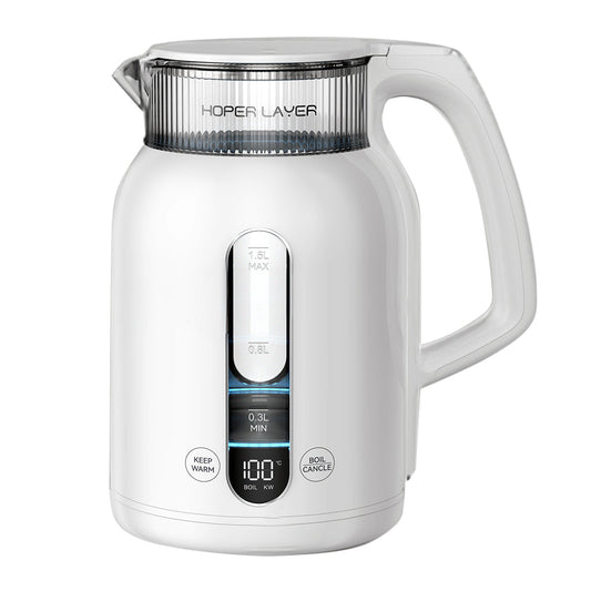 White electric kettle with digital display on a white background