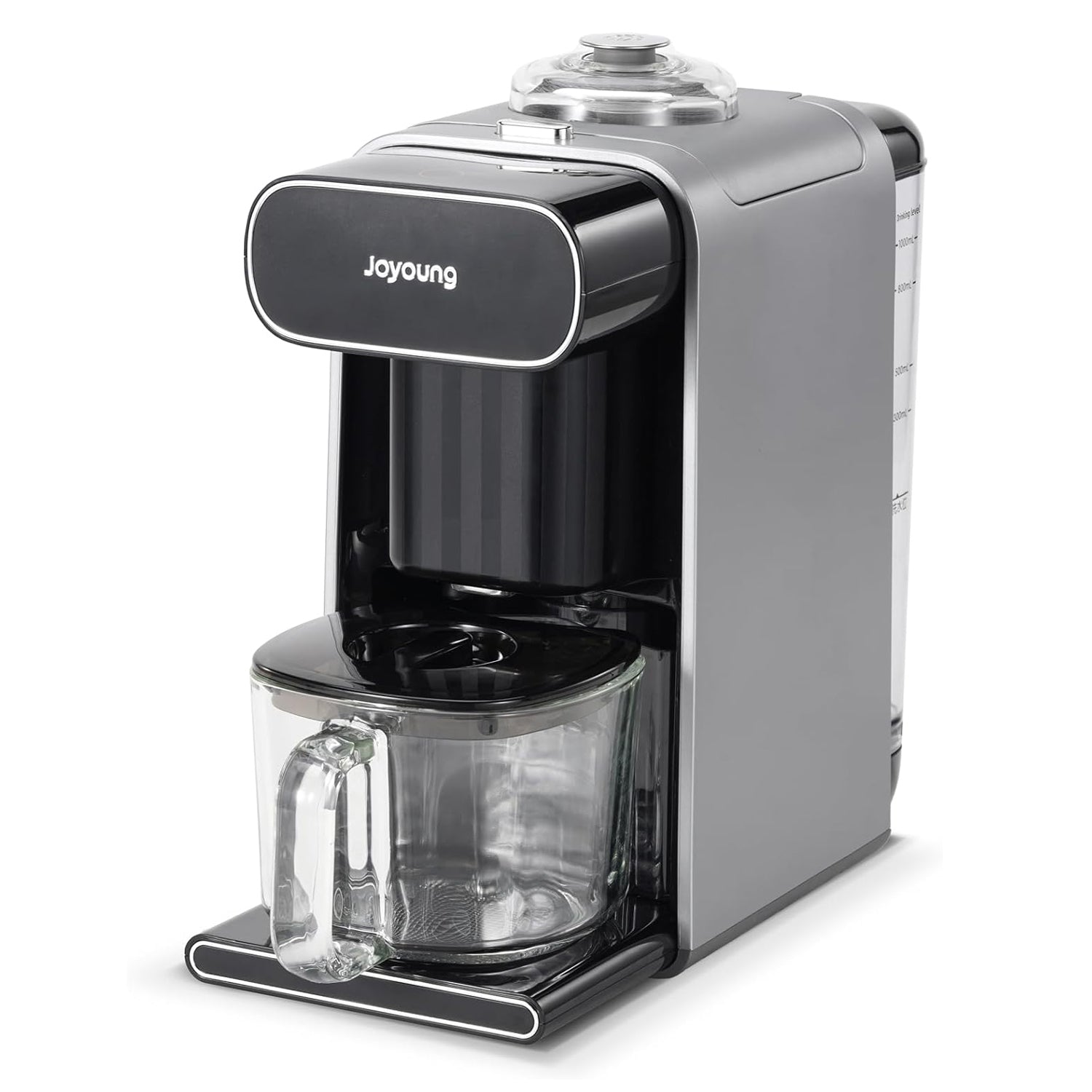 Gray and black coffee maker with glass carafe on a white background