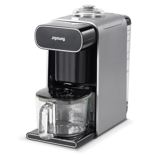 Gray and black coffee maker with glass carafe on a white background