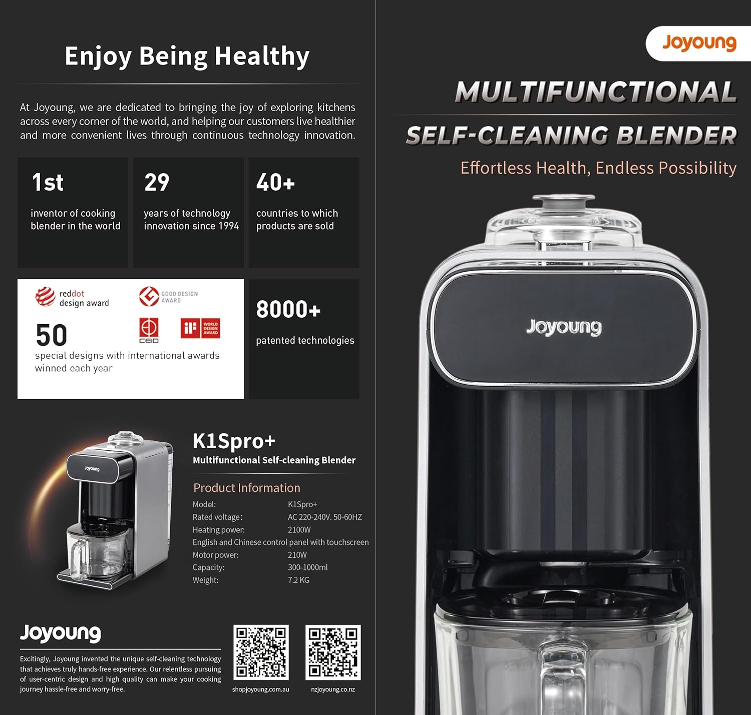 Joyoung multifunctional self-cleaning blender with product details on a dark background