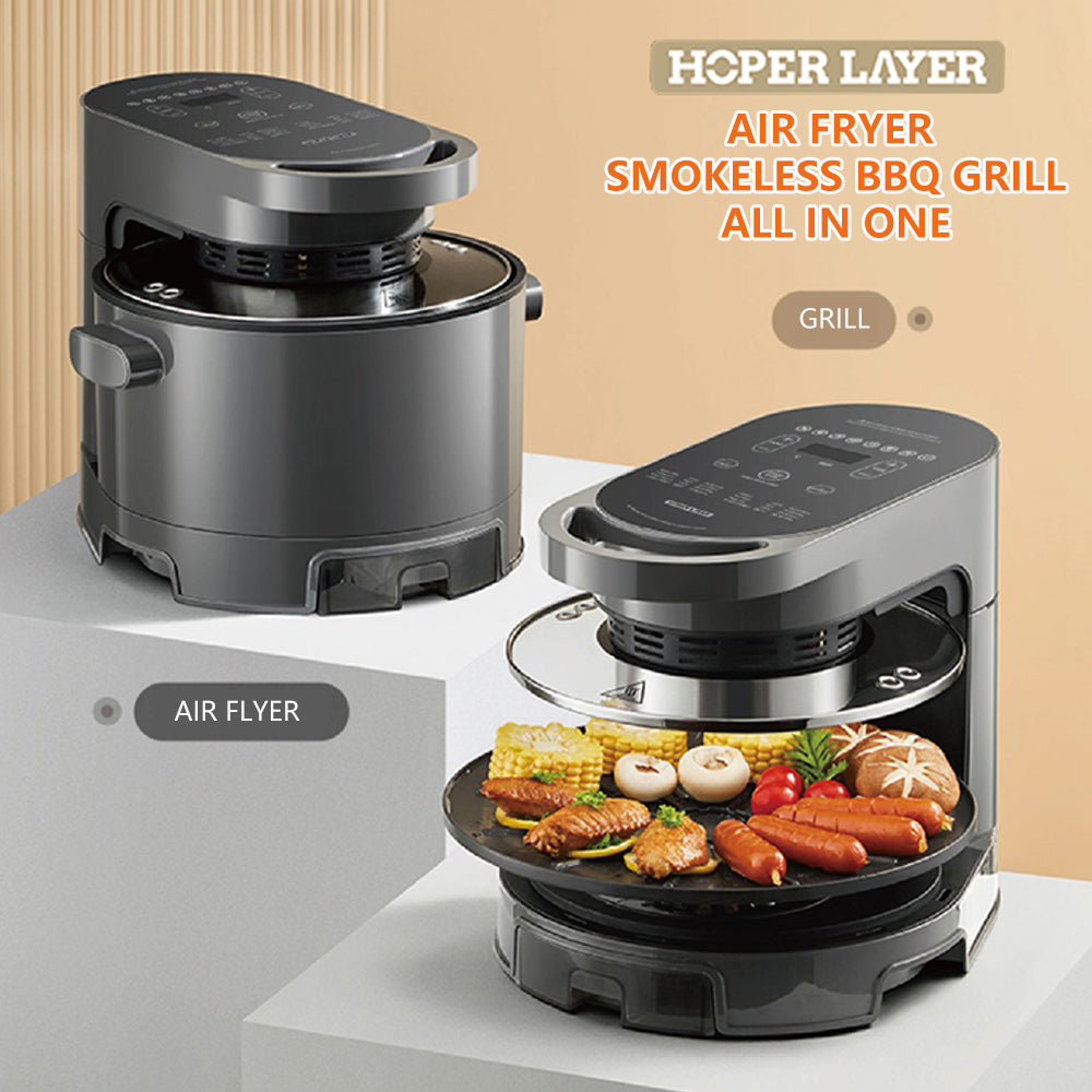 Hopper Layer air fryer and smokeless BBQ grill with food on a beige background