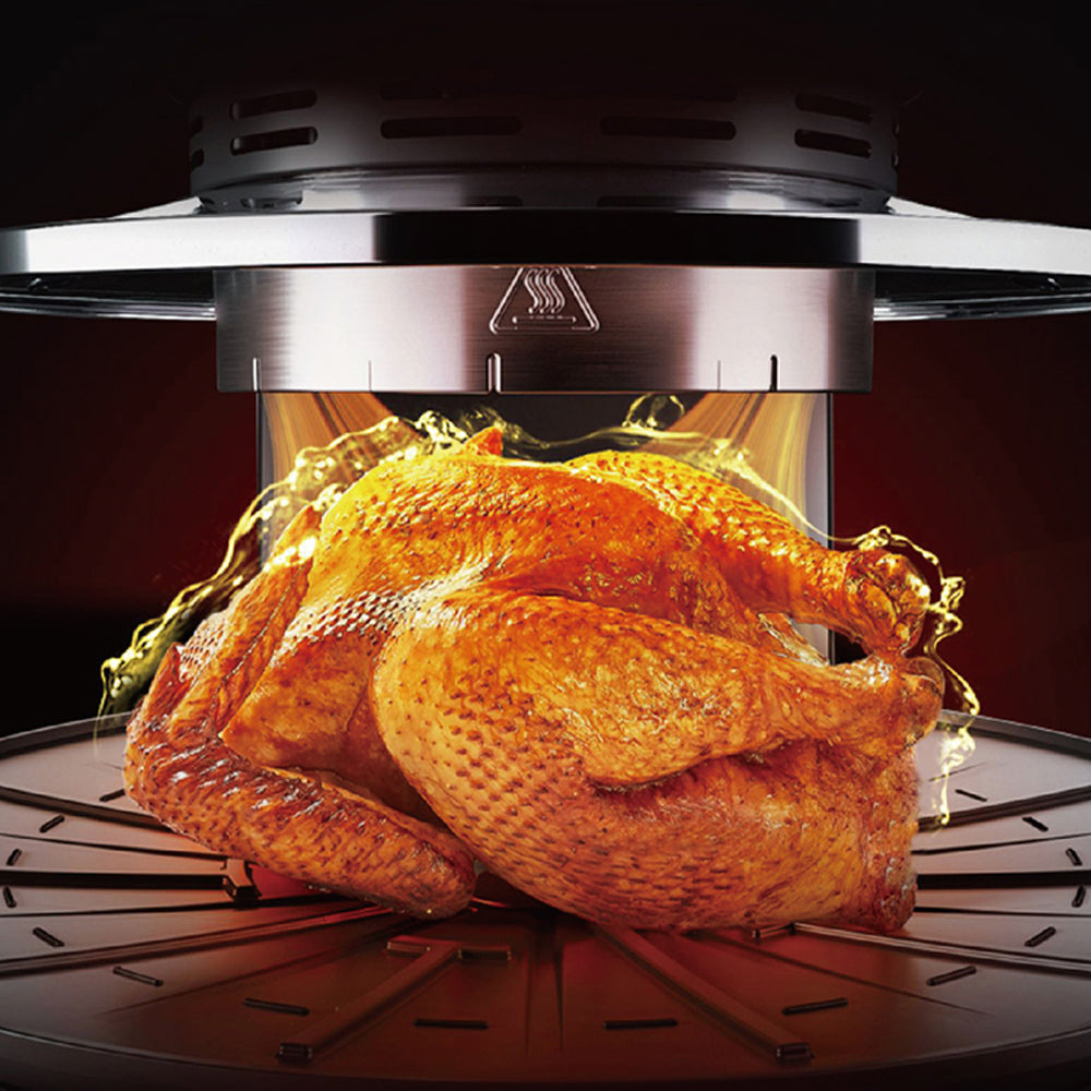 Roasted turkey inside a rotisserie oven with a dark background