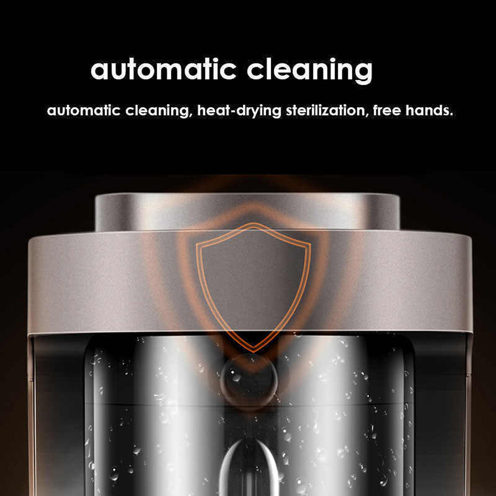 Stainless steel device with a shield emblem on a black background, featuring text about automatic cleaning and sterilization.