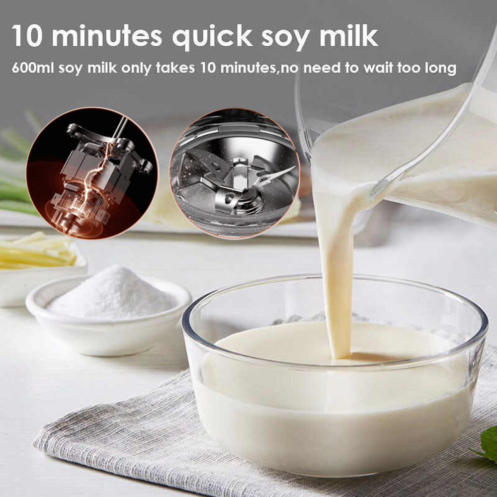 Soy milk being poured into a glass bowl with text about quick soy milk preparation.