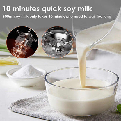 Soy milk being poured into a glass bowl with text about quick soy milk preparation.