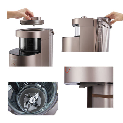 Multifunctional kitchen appliance with various components on a white background