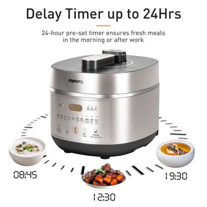 Joyoung pressure cooker with delay timer feature on a white background