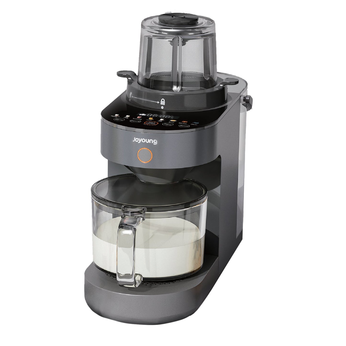 Gray coffee maker with clear glass carafe on a white background
