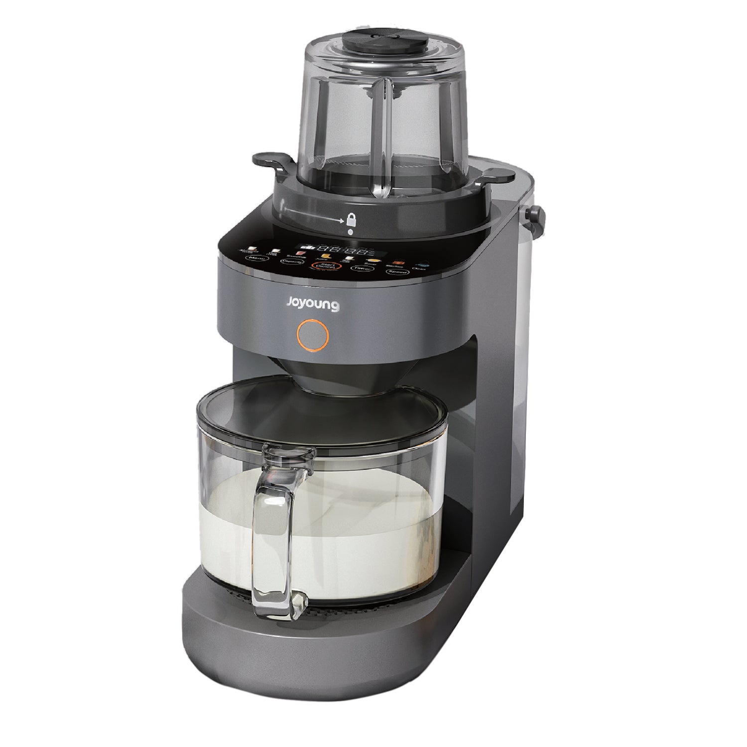 Gray coffee maker with clear glass carafe on a white background