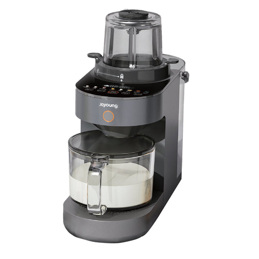 Gray coffee maker with clear glass carafe on a white background
