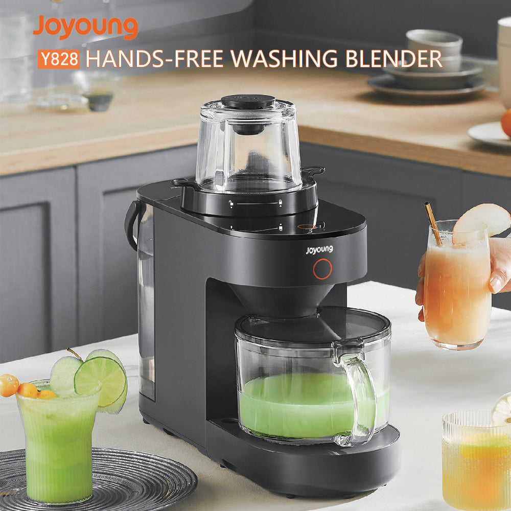 Joyoung Y828 hands-free washing blender on a kitchen counter with drinks around it.