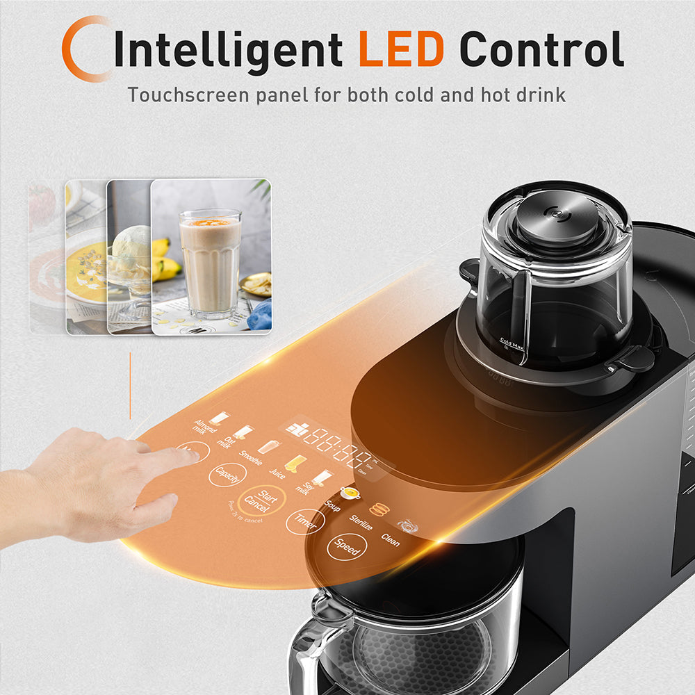 Coffee machine with touchscreen panel and 'Intelligent LED Control' text on a white background