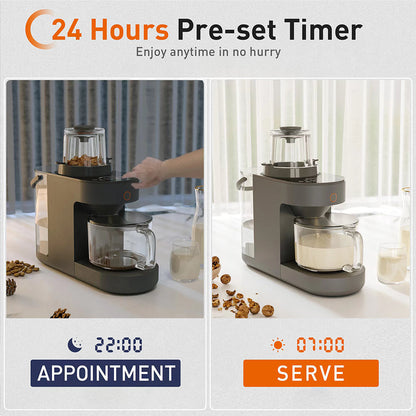 Coffee maker with 24-hour pre-set timer showing 'Appointment' at 22:00 and 'Serve' at 07:00.