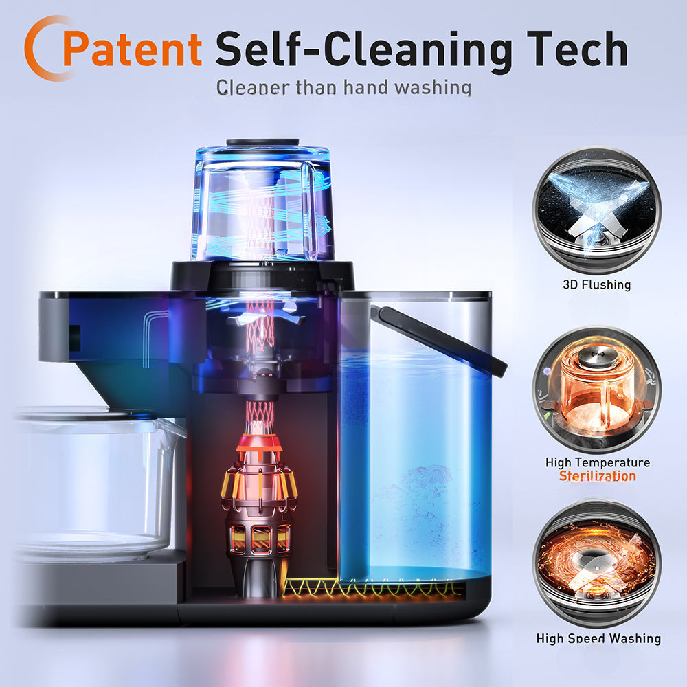 Cleaning device with patent self-cleaning technology features on a gray background